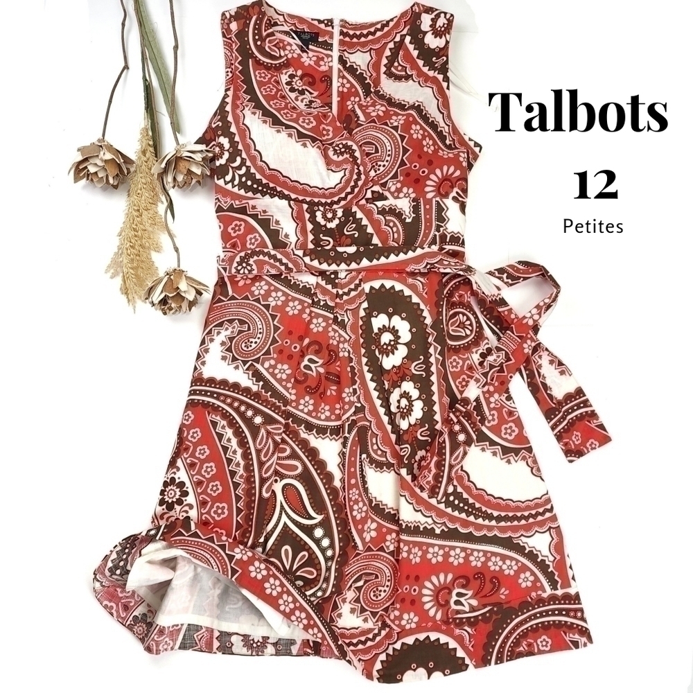 New Talbots Cream Red Brown Patterned Belted Dress Sz 12p